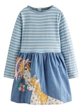 Mini Boden Appliqué Hem Logo Dress, Chambray Blue Horses (3-4Y)